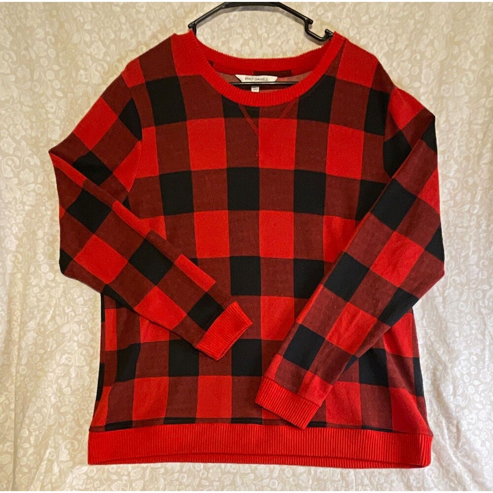 Emily Daniels Women's XL Red/Black Plaid Crew Neck Pullover Sweater